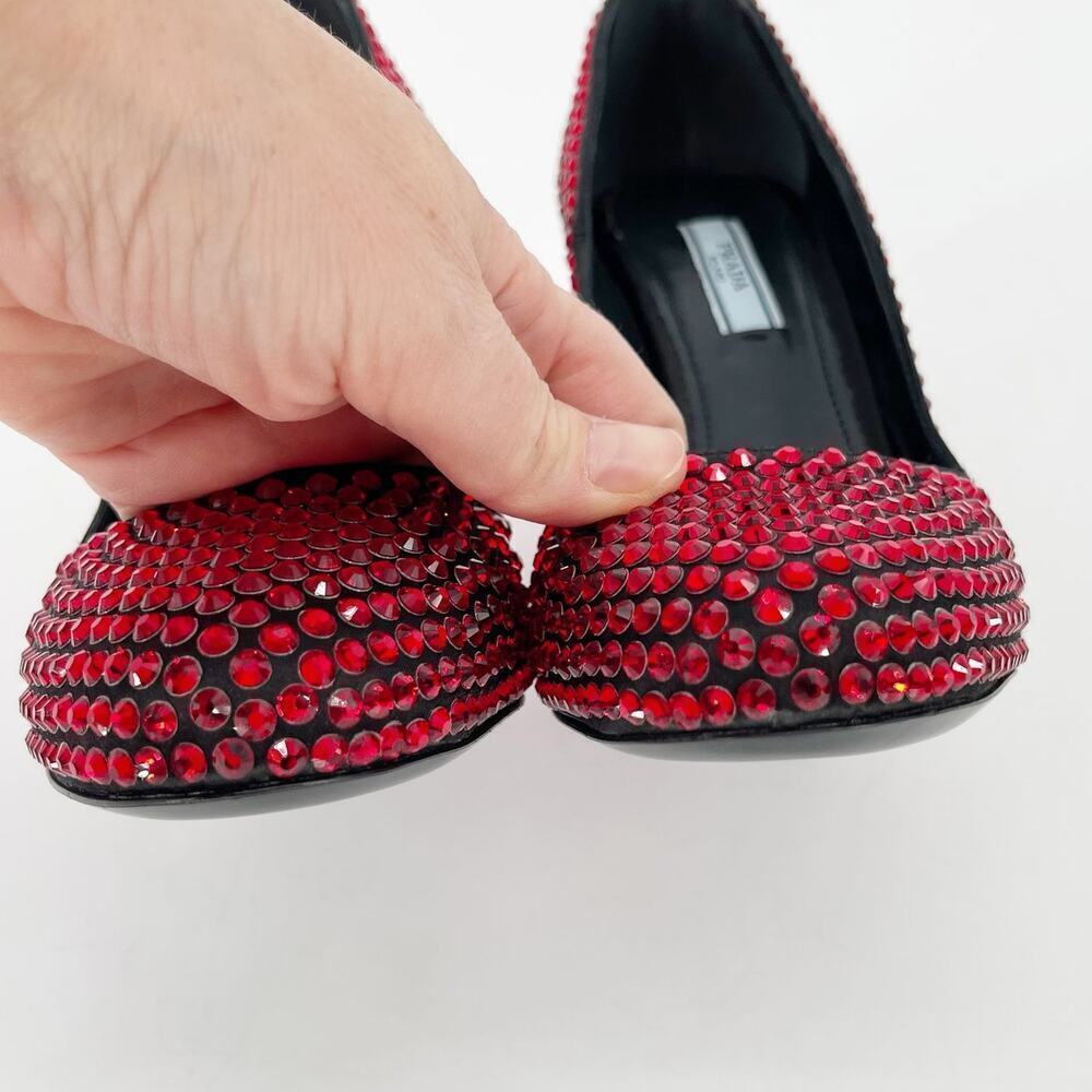 Prada Red Crystal Covered Satin Block Heel Ruby Slipper Pumps IT 37.5 Runway - Picture 8 of 12